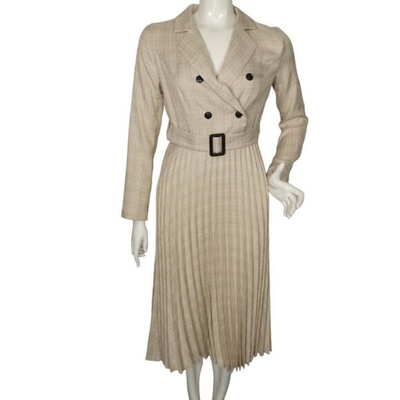 SIMPLEE Dress, S, Beige/Tan Plaid, Pleated Skirt, Double breasted Upper, Belt - Picture 1 of 13